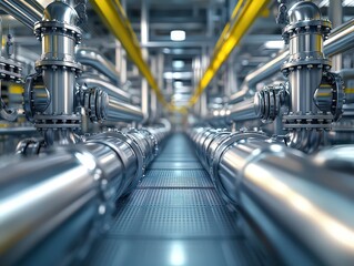  Long perspective view of industrial metal pipes in a facility, representing efficiency, engineering, and complex infrastructure in modern manufacturing processes.
