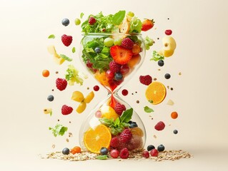  Colorful arrangement of fresh fruits and vegetables inside an hourglass, symbolizing nutrition, wellness, and the importance of balanced eating over time.