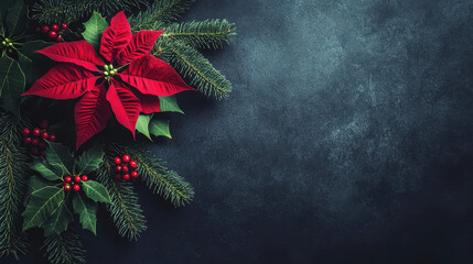 Aesthetic minimalistic Christmas black background with poinsettia flower and fir branch, copy space. Generative AI