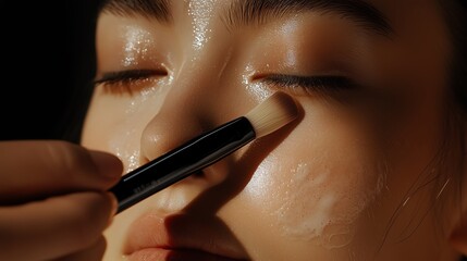 Obraz premium Close-Up of Woman’s Face During Cleansing Mask Application by Professional in Modern Spa, Sleek Details and Warm Lighting Showcasing Expert Skincare