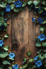 A beautiful arrangement of blue flowers and green vines framing a rustic wooden background for nature lovers and garden enthusiasts