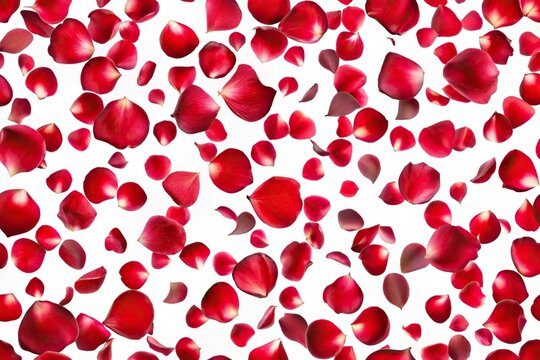 Seamless pattern of falling red rose petals isolated on white background