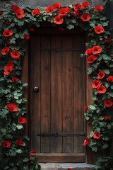 A captivating wooden door framed by vibrant red poppies creating a stunning natural entrance in a rustic setting