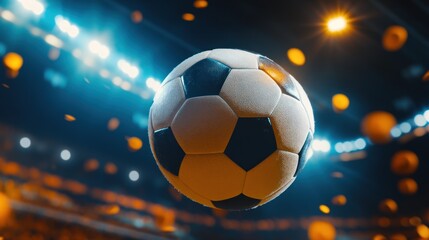 Fototapeta premium A close-up of a soccer ball in a vibrant stadium atmosphere.