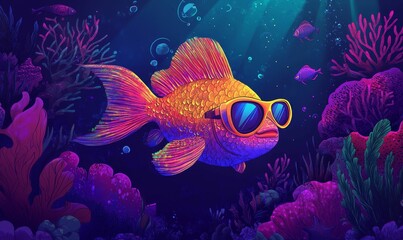 Obraz premium Goldfish wearing sunglasses in an underwater scene.