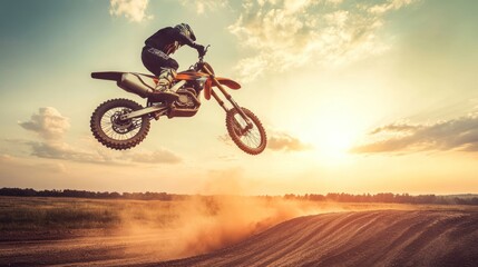 Obraz premium A motorcyclist performing a jump over a dirt ramp during sunset.