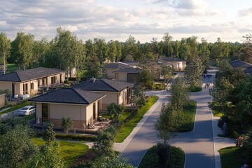 Aerial View of a Serene Residential Neighborhood Surrounded by Trees and Pathways on a Sunny Day