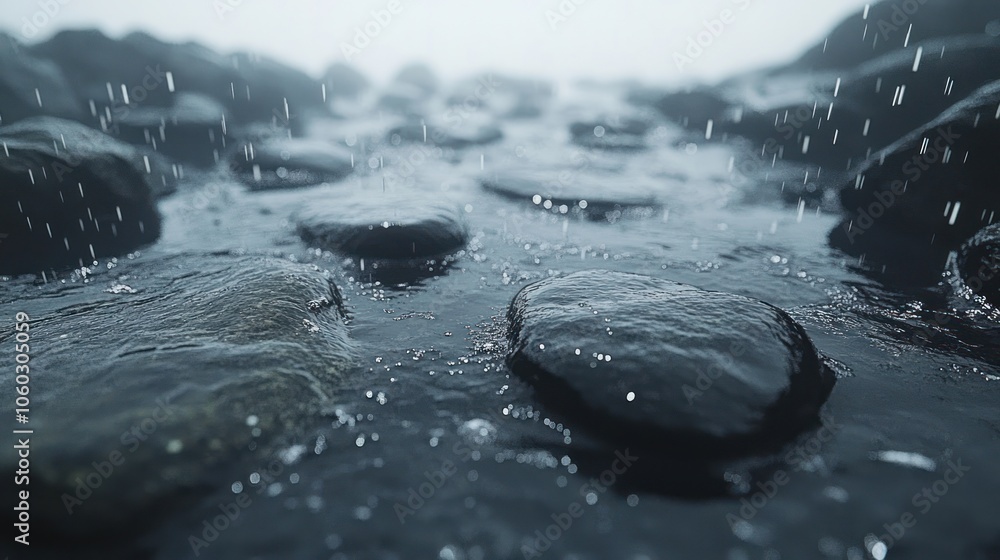 Poster close-up view of raindrops falling on smooth, wet rocks in a shallow stream.