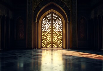 Fototapeta premium A grand, ornate golden door leads to an ethereal realm with soft lighting and intricate patterns. The room is dark, yet filled with light from the open gate