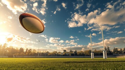 A rugby ball soaring through the air above a grassy field and goalposts under a cloudy sky.