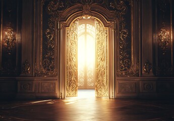 Fototapeta premium A grand, ornate golden door leads to an ethereal realm with soft lighting and intricate patterns. The room is dark, yet filled with light from the open gate