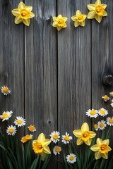 Fototapeta premium Vibrant yellow daffodils and white daisies adorn a rustic wooden background celebrating the beauty of nature in springtime bliss