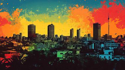 Obraz premium Accra, Ghana, Pop Art style theme print. Cityscape, city skyline.Vibrant, bright, modern, trendy, graphic designed for poster, card, wallpaper