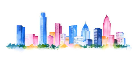 Obraz premium Watercolor Illustration banner of City Skyline isolated on white background