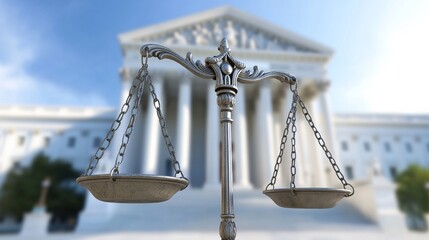 Scales of Justice Before a Courtroom Building