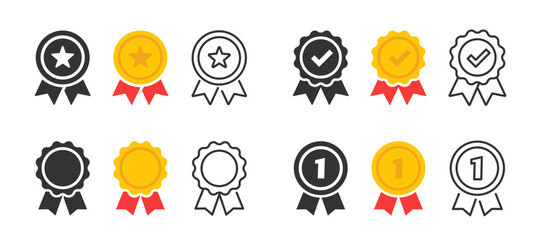 Set of approved or certified medal icons. Approval check symbol. Winning award, prize, medal. Achievement badge. Profile Verification. Quality mark. Vector check mark. Task done. Project completed.