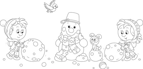 Happy little boy and girl with a puppy making a funny snowman with a striped scarf and a bucket on its friendly smiling head in a winter park, black and white outline vector cartoon illustration