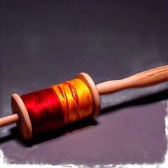 A wooden spool of red and yellow thread with a wooden handle.