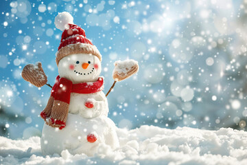 Christmas greeting card with bright winter holiday snowman and New Year background