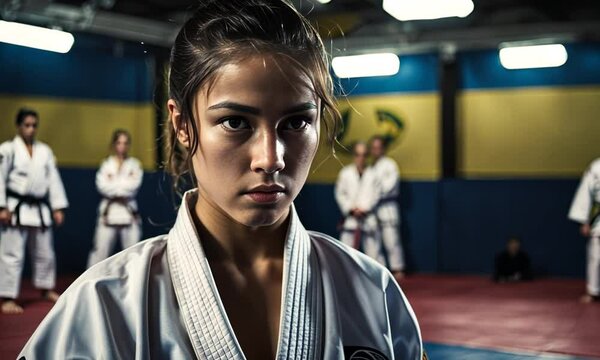  Brazilian girl Jujutsu fighter is ready for the Jiu Jitsu wrestling competition. Mixed martial arts