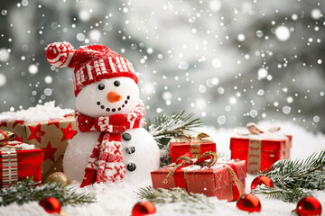 Obraz premium Christmas greeting card with bright winter holiday snowman and New Year background