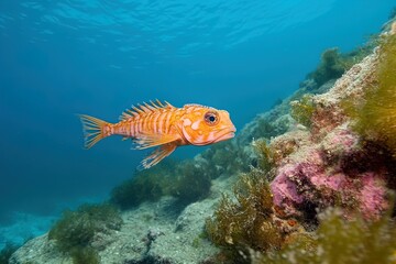 Fototapeta premium Bright Orange Fish Swimming Gracefully Among Colorful Rocks and Seaweed in a Vibrant Underwater Environment