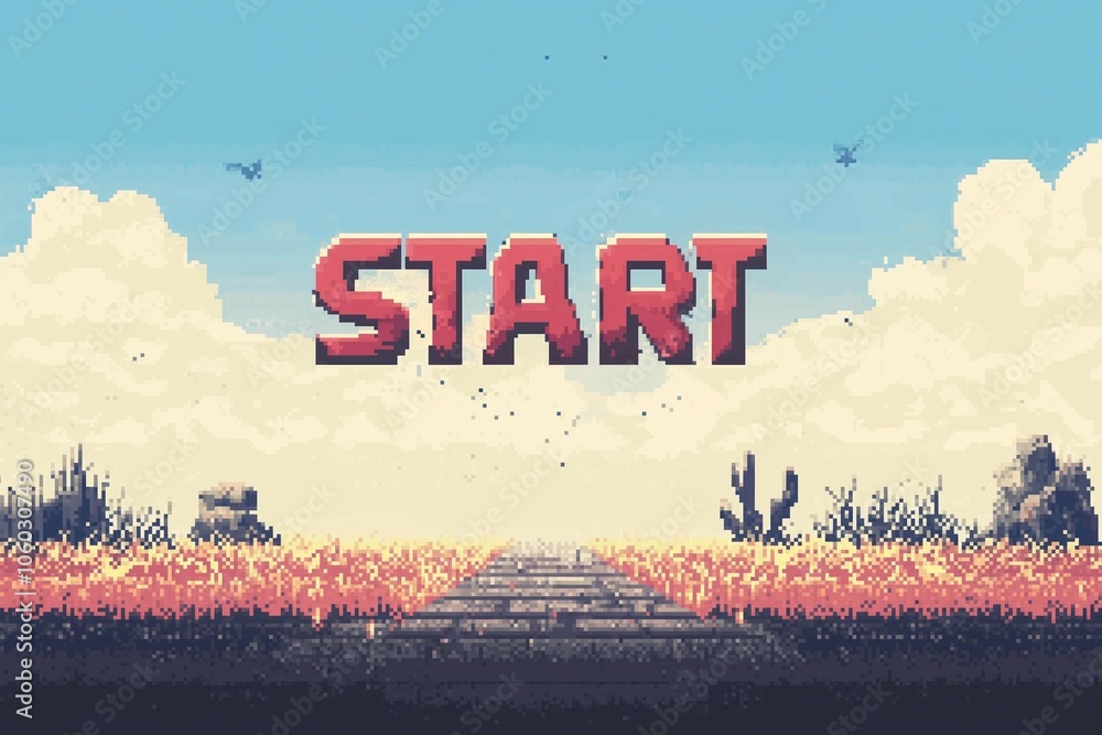 Fototapete pixel game start screen. retro 8 bit video game interface with start text background