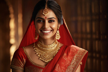 A young smiling woman of Indian ethnicity wearing traditional bridal costumes and jewellery.	