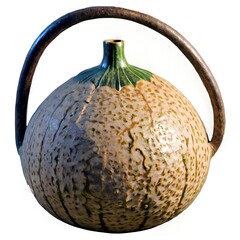 Ceramic vase with a rounded, gourd-shaped body, a curved handle, and a green top.