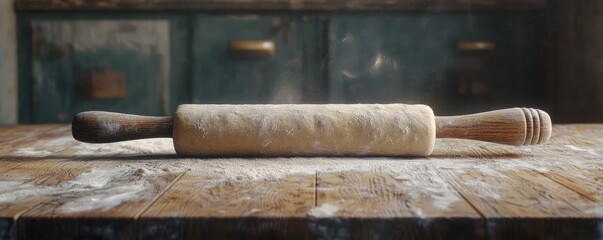 Detailed 3D icon of a rolling pin actively used on spreading dough.