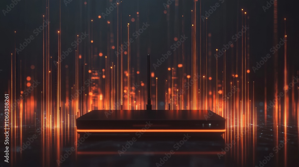 Poster a router sits at the center, surrounded by vibrant glowing lines representing data transmission in a