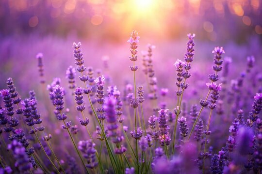 Softly glowing purple lavender fields with gentle wildflowers swaying in the breeze, sunset, lavender fields