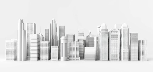 Fototapeta premium A detailed skyline model showcasing various modern skyscrapers in a minimalist style against a white background.