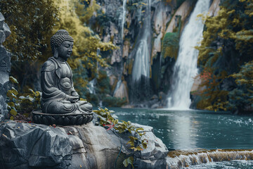 Beautiful greeting card with ancient statue great Buddha to bright holiday composition