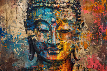 Fototapeta premium Beautiful greeting card with ancient statue great Buddha to bright holiday composition