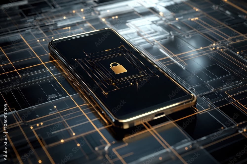 Poster a smartphone is shown with a prominent lock icon on its screen, surrounded by a digital grid design 