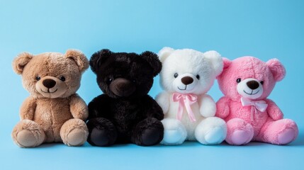 A Row of Four Teddy Bears in Different Colors on a Blue Background