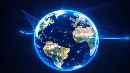 A captivating digital representation of the Earth at night, where glowing blue pathways connect various regions, forming a web of global business activity and data exchange across continents - Powered by Adobe