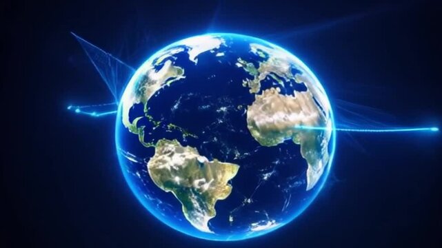 A captivating digital representation of the Earth at night, where glowing blue pathways connect various regions, forming a web of global business activity and data exchange across continents