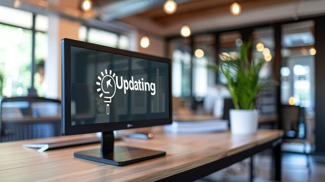 Close-up of computer screen showing software update progress bar with "Updating" in bold letters, modern office desk in background, emphasizing digital technology and productivity.