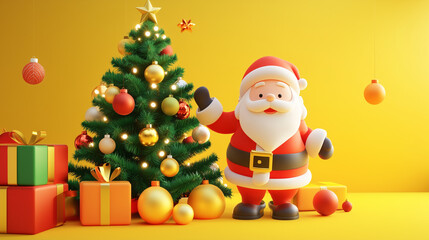 Jolly Santa and Festive Christmas Tree: 3D Render of a cheerful Santa Claus standing beside a beautifully decorated Christmas tree, surrounded by colorful presents and ornaments.
