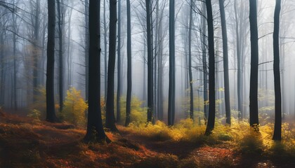 Fototapeta premium Mystical Autumn: A Foggy Forest Panorama
