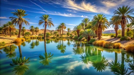 Tranquil desert oasis with palm trees and reflection in pond