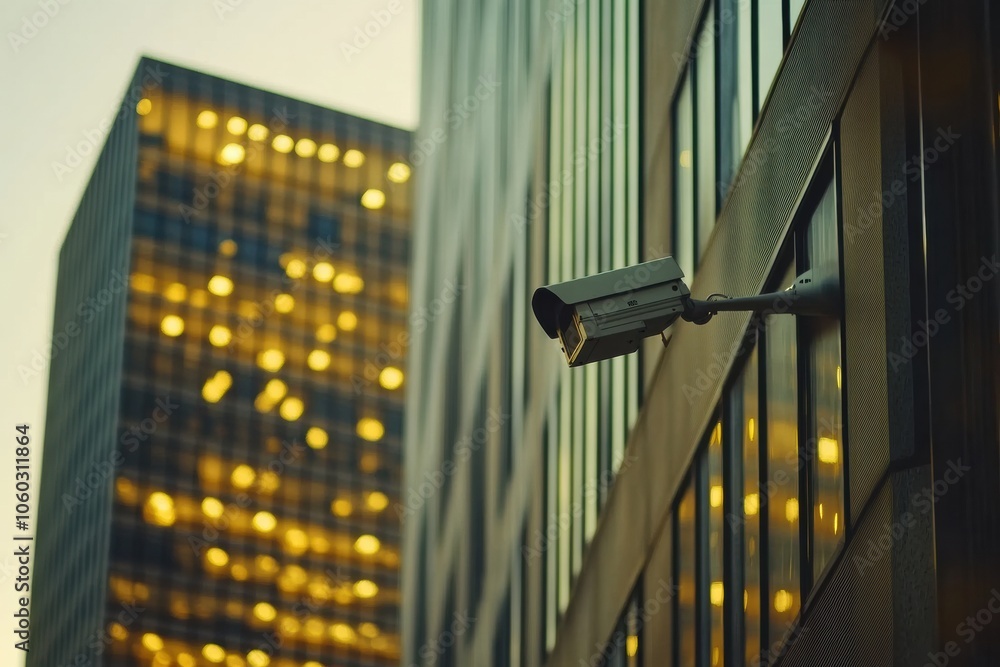 Aufkleber surveillance cameras keep watch over an office building’s exterior as warm lights illuminate the sur