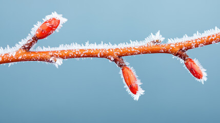 Frosted tree branch with red buds, showcasing winter beauty and nature resilience. icy coating adds delicate touch to vibrant buds