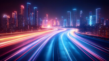 Cityscape with Neon Lights and Speeding Cars Illustration