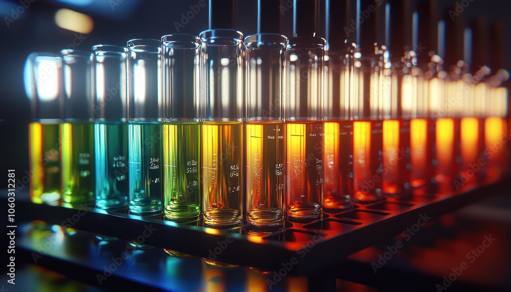 Poster 3d visualization of colorful liquids in a test tube setup.
