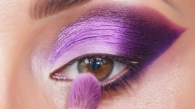 Applying vibrant purple eyeshadow with studio lighting, creating a dramatic yet wearable look