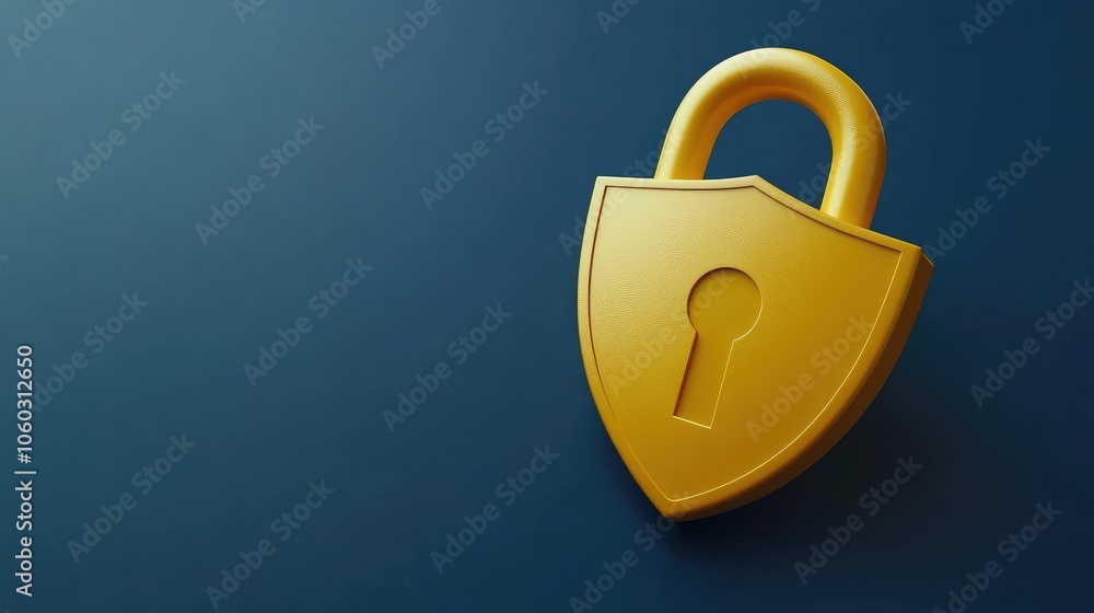 Poster 3d yellow lock and shield on deep blue backdrop, symbolizing security in financial management.