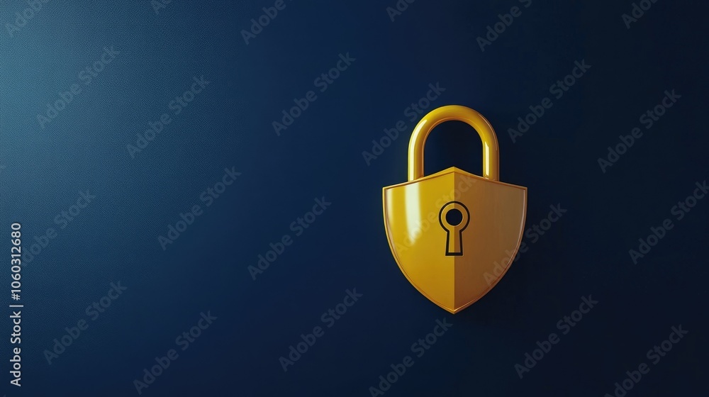 Poster 3d yellow lock and shield on deep blue backdrop, symbolizing security in financial management.